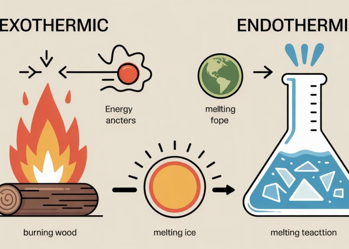 Infographic comparing exothermic and endothermic reactions, showing energy flow and examples.