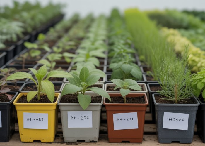 Close-up of plant experimental units in individual pots demonstrating variable growth conditions.
