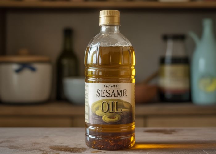 Cloudy, expired sesame oil in a bottle showing signs of spoilage.