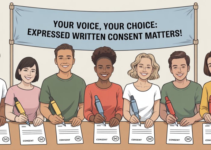 Diverse group signing consent forms, emphasizing the importance of expressed written consent.