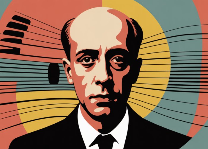 Abstract portrait collage representing Expressionist composers Schoenberg, Berg, and Webern, with dissonant color palette and distorted features.
