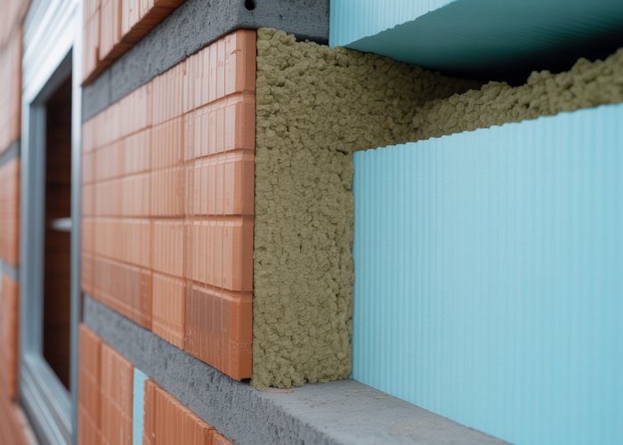 Close-up view of an exterior wall section, highlighting the insulation thickness and layers.