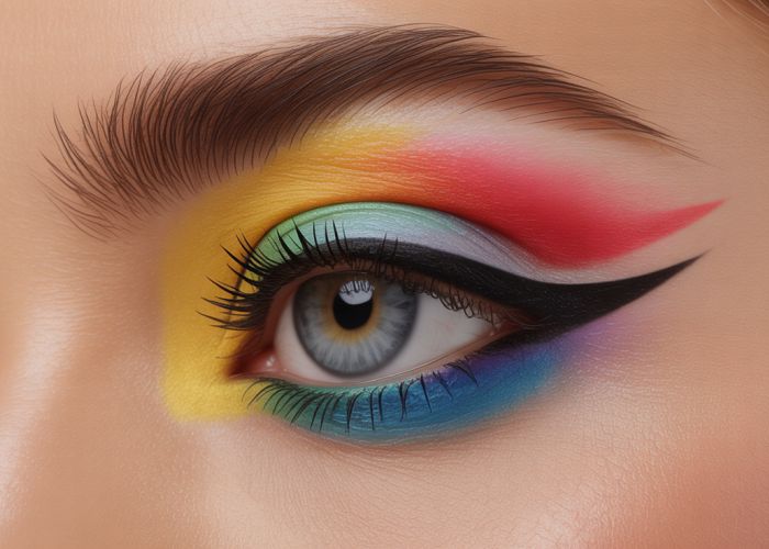 Close-up of vibrant eye makeup with trending hashtags for increased visibility.