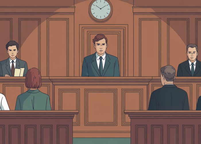 A tense courtroom scene depicting a witness giving potentially false testimony.