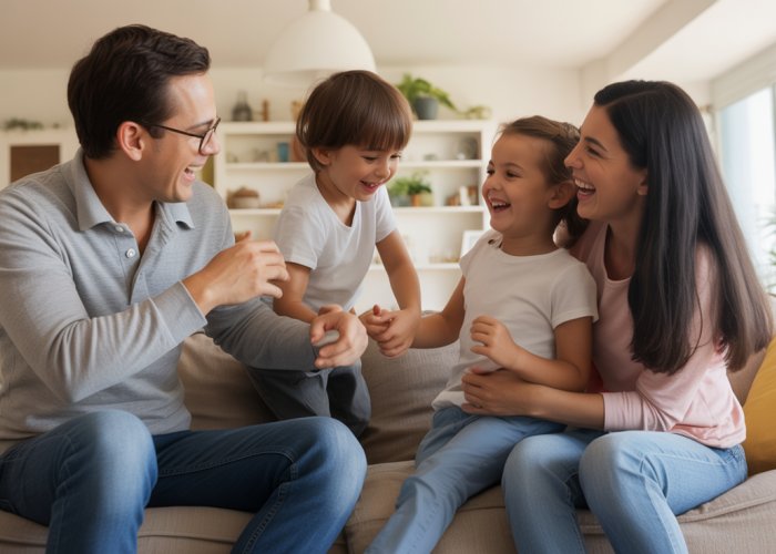Family of four laughing and playing together in their home, representing a stage in the family development cycle.