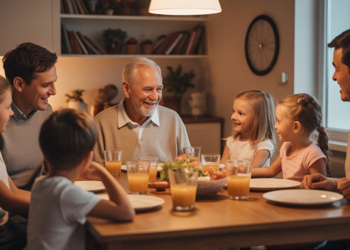 Multi-generational family enjoying dinner together, grandfather at the head of the table.