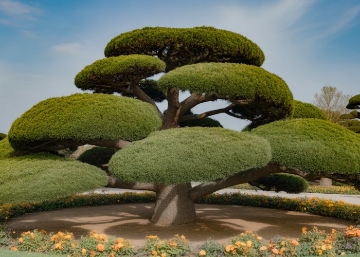Fat tree in a sunny garden, showcasing its rounded shape and vibrant foliage.