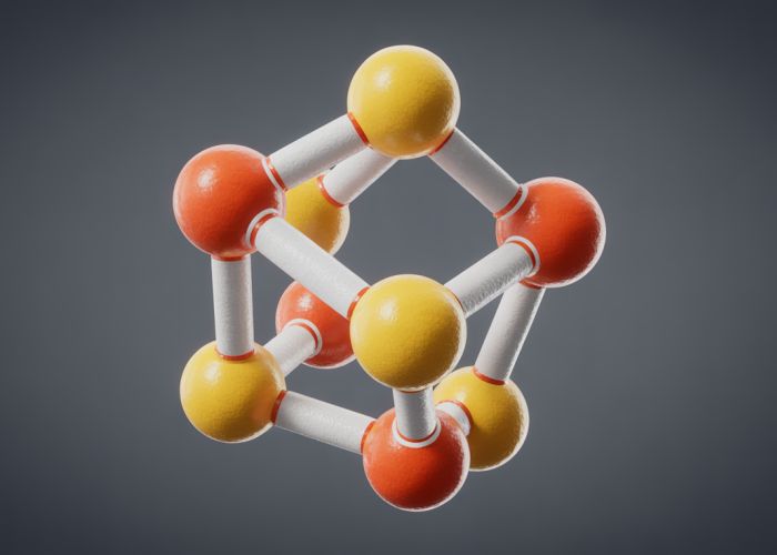 3D rendering of ferrous sulfate heptahydrate crystal structure (FeSO₄·7H₂O) showing iron, sulfur, oxygen, and hydrogen atoms.