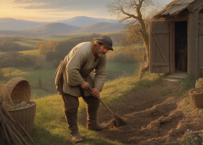 A hard-working feudal farmer carefully cultivates his land under the warm light of the setting sun.