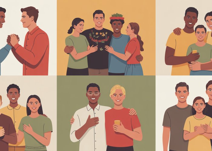 Diverse group of people engaging in fictive kinship examples: blood brothers, chosen family, mentor-mentee, community support.