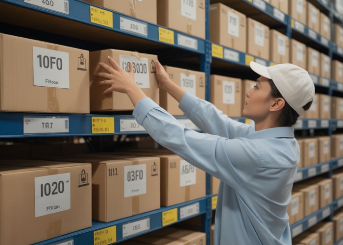 Warehouse shelves organized according to the FIFO (First-In, First-Out) inventory management system.