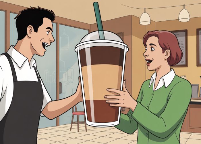 Customer surprised by the comically large 'fifth drink size' coffee at a local cafe.