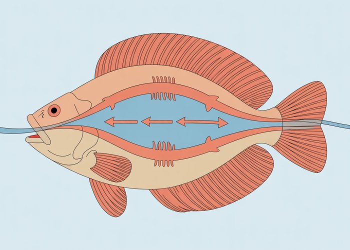 Diagram of countercurrent exchange in fish gills, showing water and blood flow for efficient oxygen absorption.