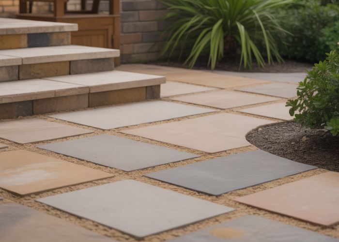 Close-up of flagstone patio with polymeric sand filling the joints for a clean and durable finish.