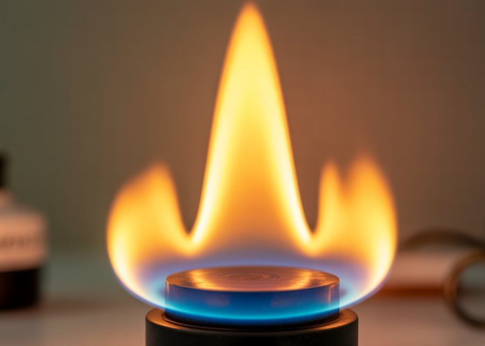 Bright yellow-orange flame indicating the presence of sodium during a flame test.