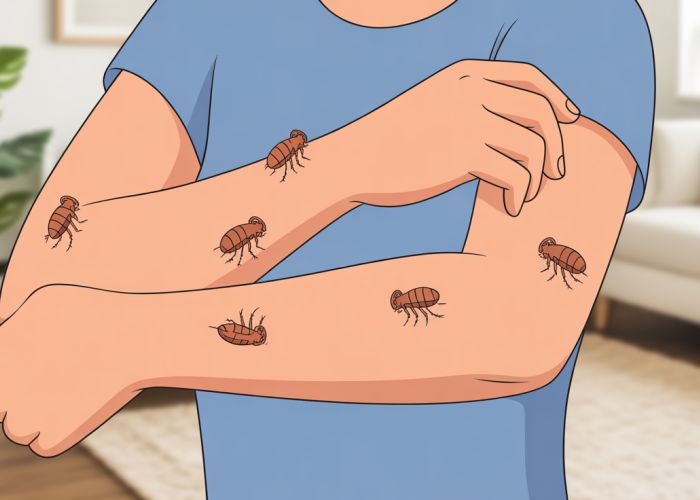 Person itching arm with cartoon fleas illustrating the problem of fleas on humans.
