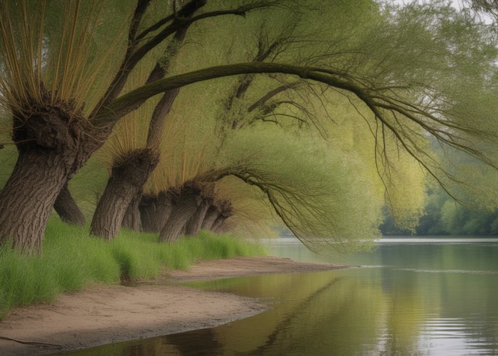 Willow trees gently swaying in the wind by a peaceful river.