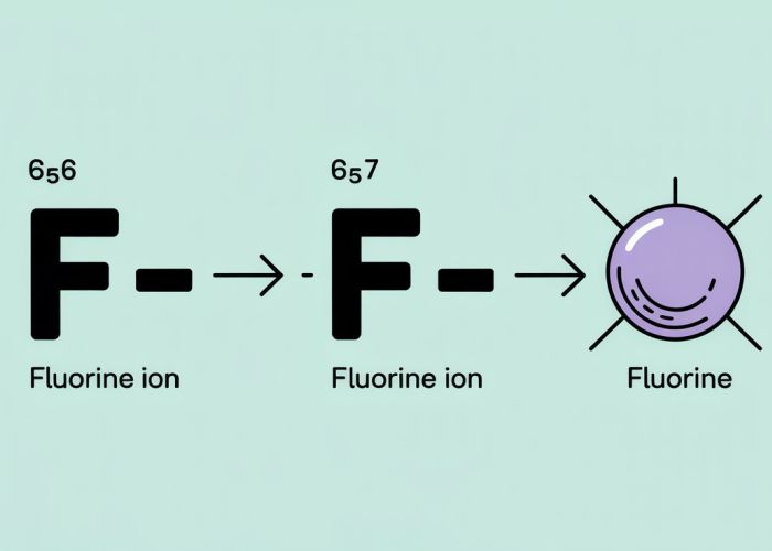 Infographic showing a fluorine atom gaining an electron to become a fluorine ion (F-) with a negative charge.