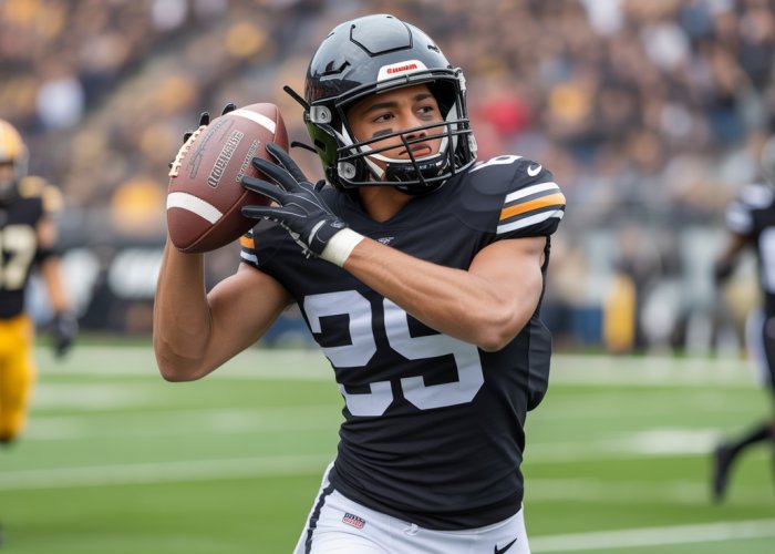 Defensive back intercepts a pass in a crucial football play.