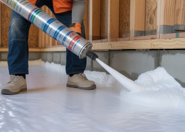 Construction worker injecting expanding foam to fill a void under a building foundation for added support and water protection.