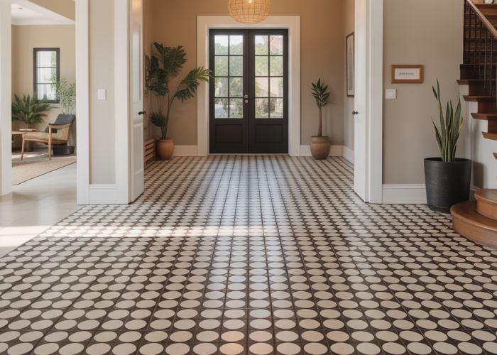 Modern foyer with patterned tile flooring, showcasing various tile design trends.