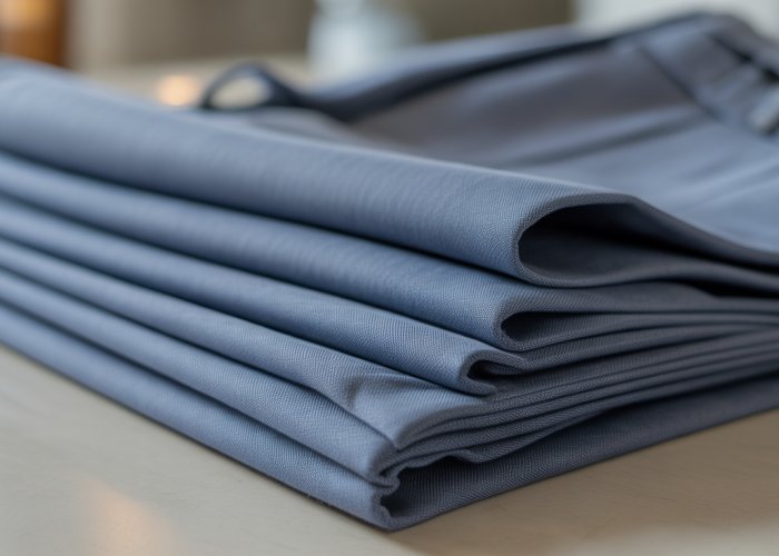 Clean, freshly washed and folded men's suit pants.