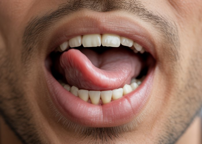 Close-up of a person's mouth forming the 'f' sound, highlighting lip and tongue position.