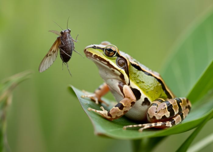 Frog catching an insect in its natural environment.