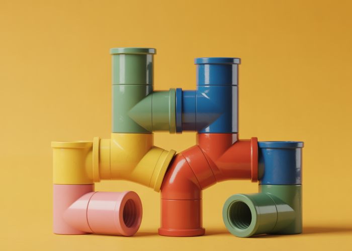 A comical arrangement of PVC pipe connectors that looks like a silly monster face with googly eyes.