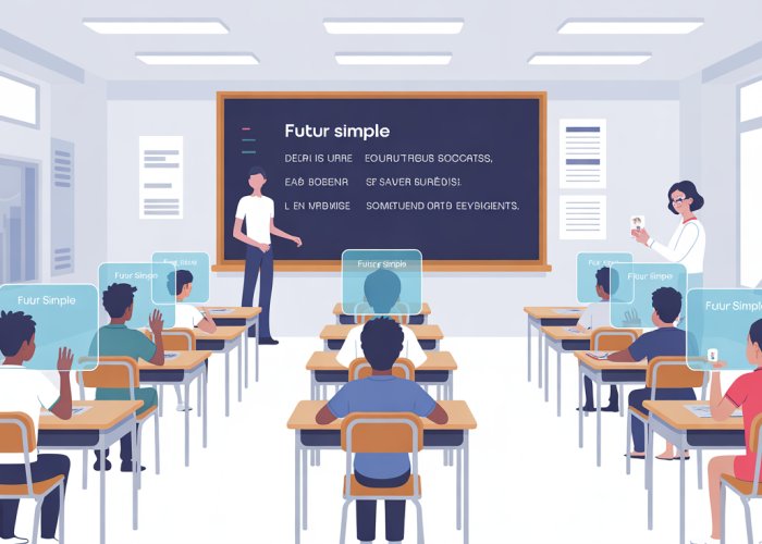 Students in a futuristic classroom learn French future tense conjugations using holographic technology.
