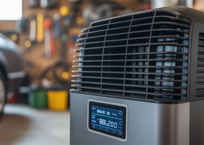Smart dehumidifier controlling humidity levels in a cluttered garage.