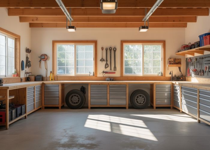 Expanded two-car garage with workbench and organized storage