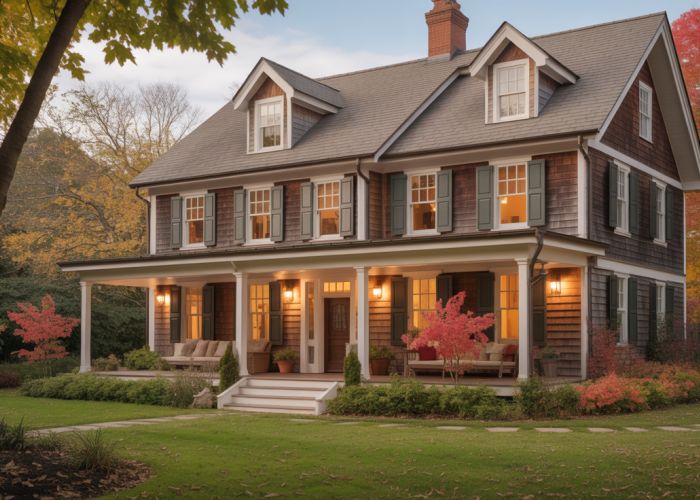 Garrison style house with prominent second-story overhang and autumn foliage.