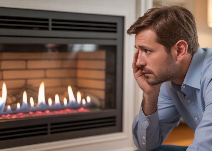 Worried homeowner looking at a gas fireplace that needs disconnection.