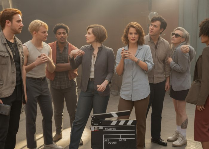 Diverse group of actors and crew on a film set, showcasing gender equality and representation.