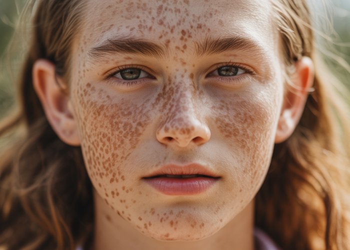 Close-up of a face covered in freckles.