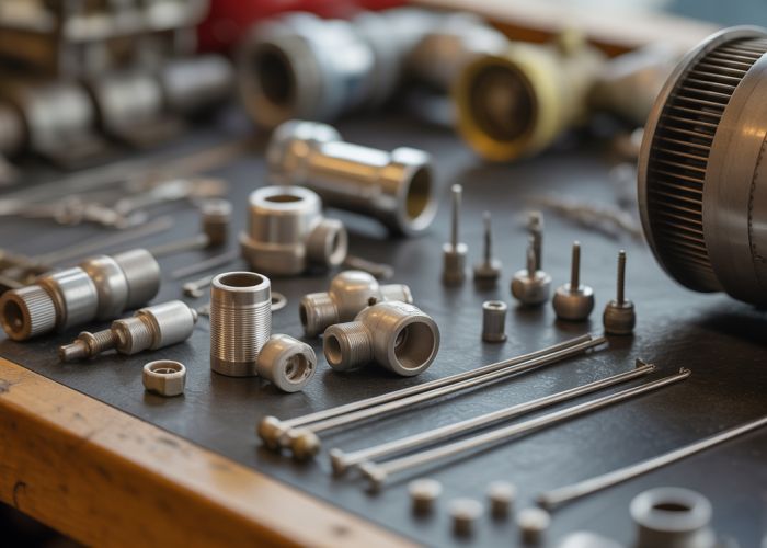 Close-up of genuine aircraft hardware laid out on a workbench, showing AN fittings, safety wire, and rivets.