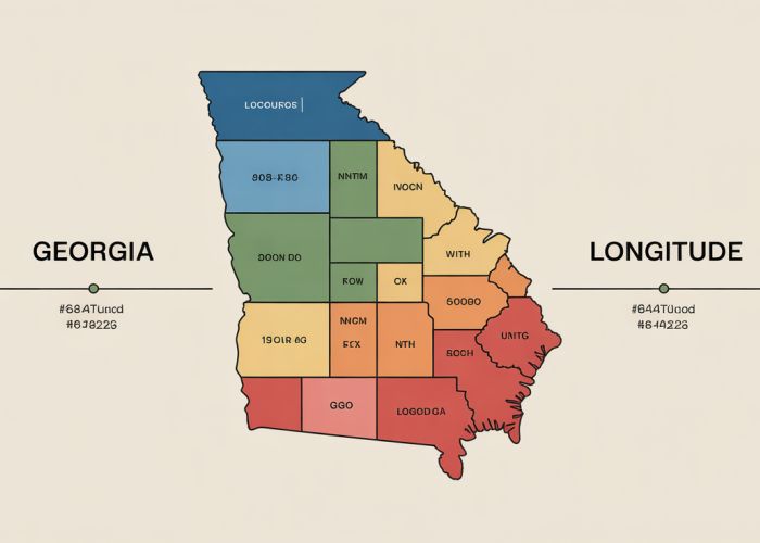 Infographic illustrating Georgia's absolute location defined by latitude and longitude coordinates, situated within the United States.