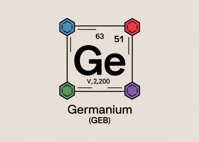 Illustration of Germanium (Ge) showing its four valence electrons and its ability to form four bonds (tetravalency).