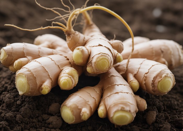 Close-up of a freshly harvested ginger rhizome, an underground plant stem.