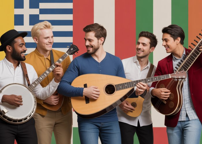 Musicians from different countries playing country music together, showcasing global country music genres.