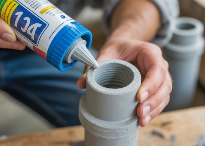 Hands applying PVC cement to a pipe fitting for a secure bond.