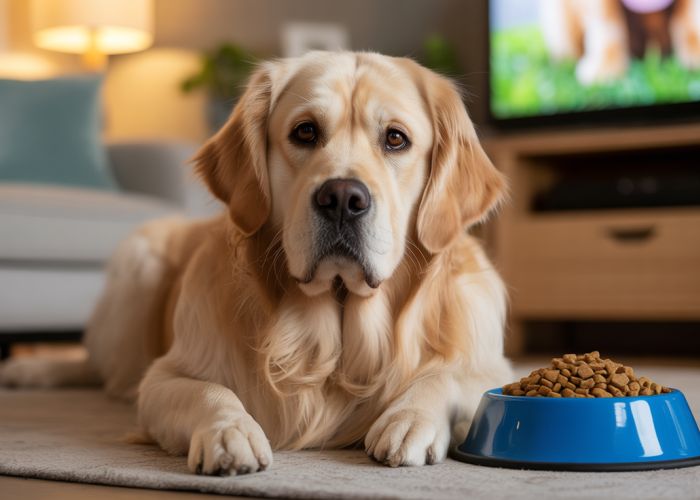 Overweight Golden Retriever sitting on a couch looking sad.