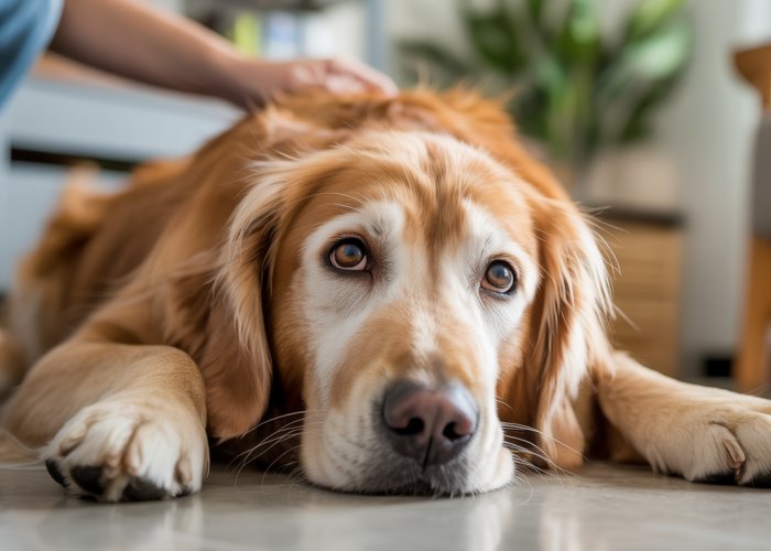 Golden Retriever having a seizure, hand nearby for comfort, suggesting a need for seizure-reducing dog food.