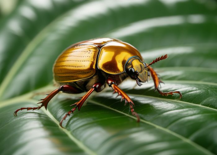 Close-up of a shimmering golden scarab beetle on a green leaf.