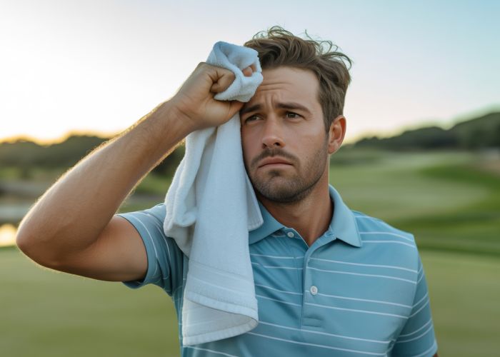 Golfer wiping sweat after a putt, showing determination after going two over par.