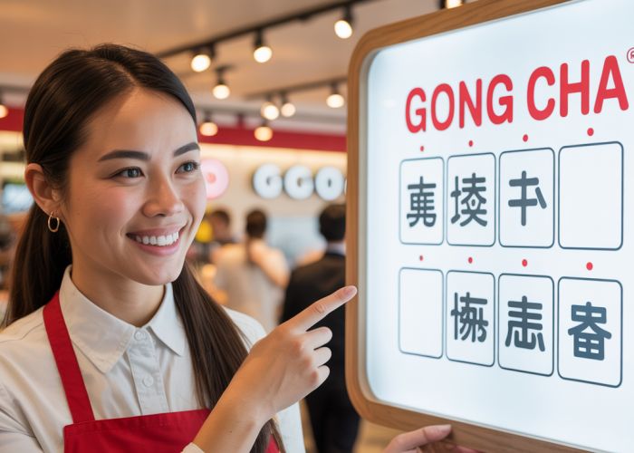 Gong Cha employee pointing to a pronunciation guide for the brand name 'Gong Cha'.