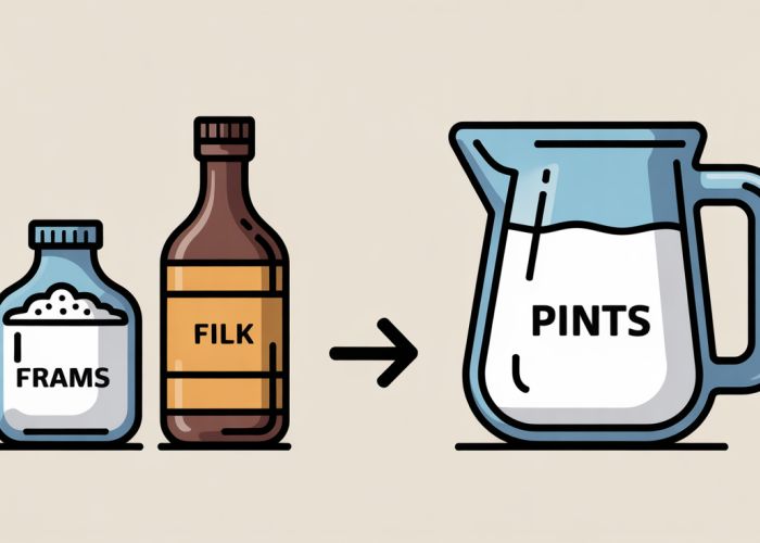 Grams to Pints Conversion: Visual guide showing how to convert grams to pints using common kitchen ingredients.