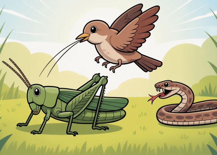 Illustration of a grasshopper food chain: grass, grasshopper, bird, snake.