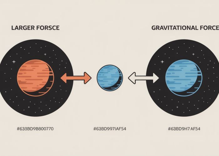 Diagram showing gravitational force arrows between a large planet and a smaller object, illustrating the relationship between mass and gravitational force.